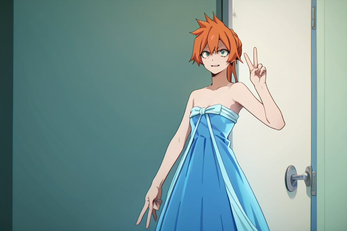 score_9, score_8_up, score_7_up, score_6_up, score_5_up, score_4_up, BREAK, , 1girl, Kendo, orange hair, green eyes, pageant dress, blue dress, strapless, standing, peace sign