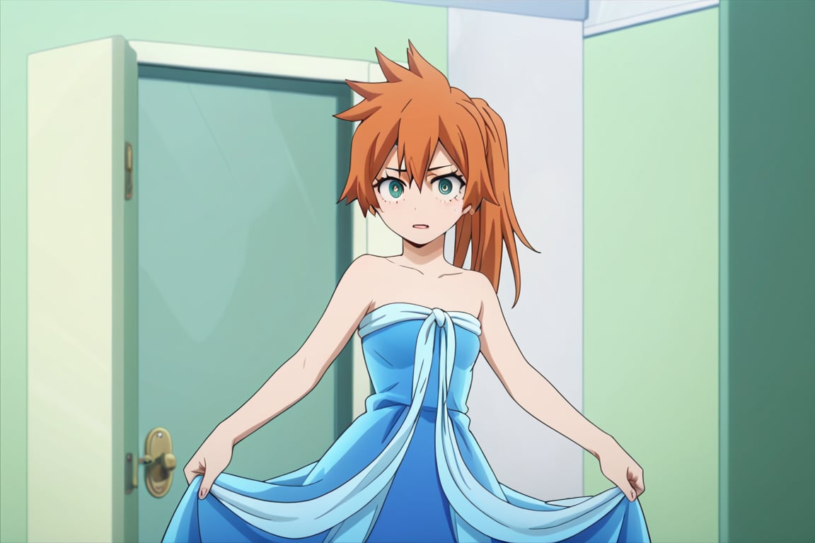 score_9, score_8_up, score_7_up, score_6_up, score_5_up, score_4_up, BREAK, , 1girl, Kendo, orange hair, green eyes, pageant dress, blue dress, strapless, standing, 