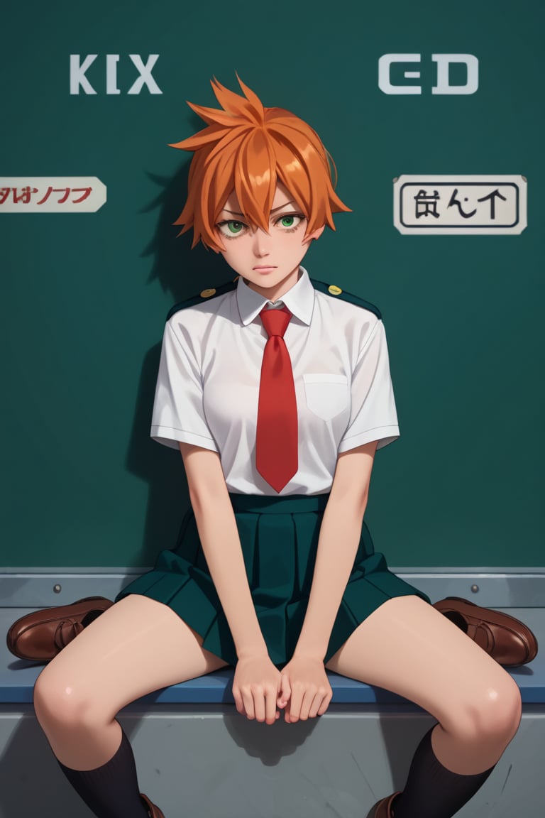 score_9, score_8_up, score_7_up, score_6_up, score_5_up, score_4_up, BREAK, , 1girl, Kendo, orange hair, green eyes, u.a. school uniform, white shirt, red necktie, kneehighs, brown footwear, sitting, legs spread