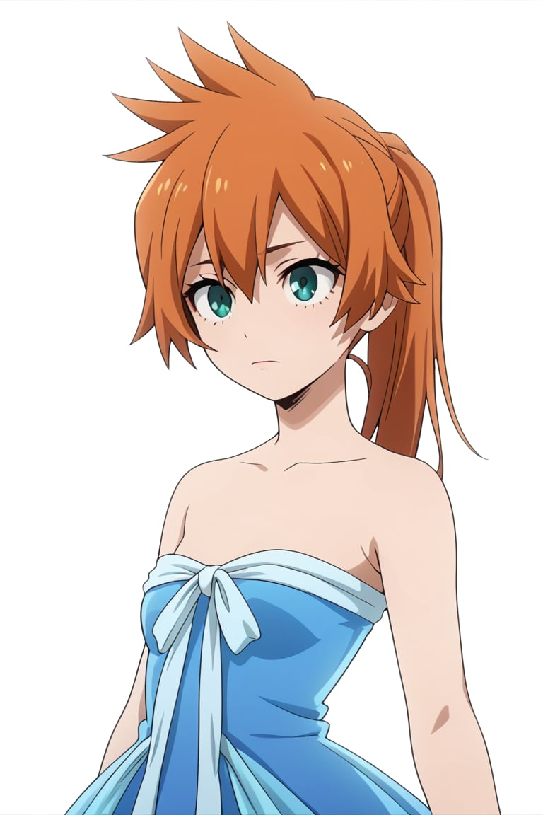 score_9, score_8_up, score_7_up, score_6_up, score_5_up, score_4_up, BREAK, , 1girl, Kendo, orange hair, green eyes, pageant dress, blue dress, strapless, 

,(( white background, blank background))