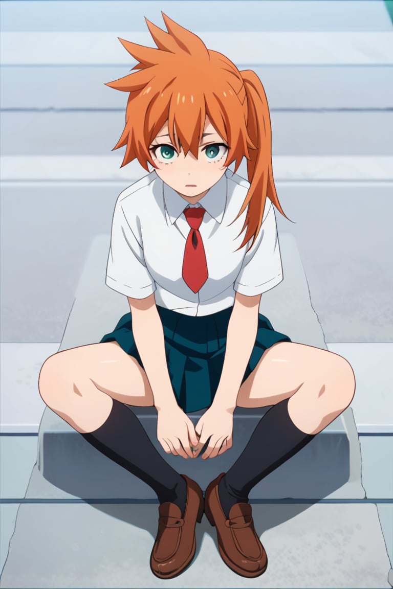 score_9, score_8_up, score_7_up, score_6_up, score_5_up, score_4_up, BREAK, , 1girl, Kendo, orange hair, green eyes, u.a. school uniform, white shirt, red necktie, kneehighs, brown footwear, sitting, legs spread