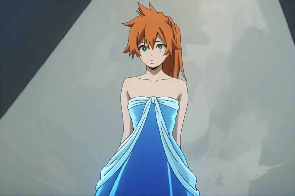 score_9, score_8_up, score_7_up, score_6_up, score_5_up, score_4_up, BREAK, , 1girl, Kendo, orange hair, green eyes, pageant dress, blue dress, strapless, standing, 