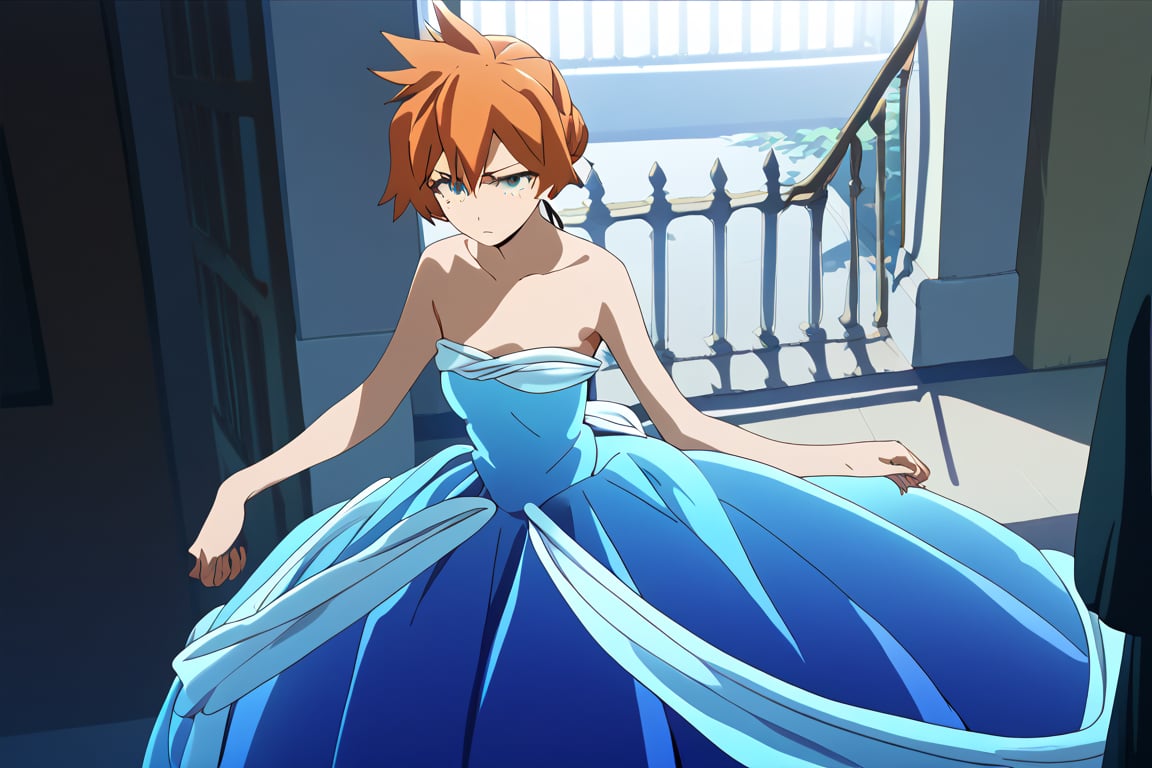 score_9, score_8_up, score_7_up, score_6_up, score_5_up, score_4_up, BREAK, , 1girl, Kendo, orange hair, green eyes, pageant dress, blue dress, strapless, standing, 