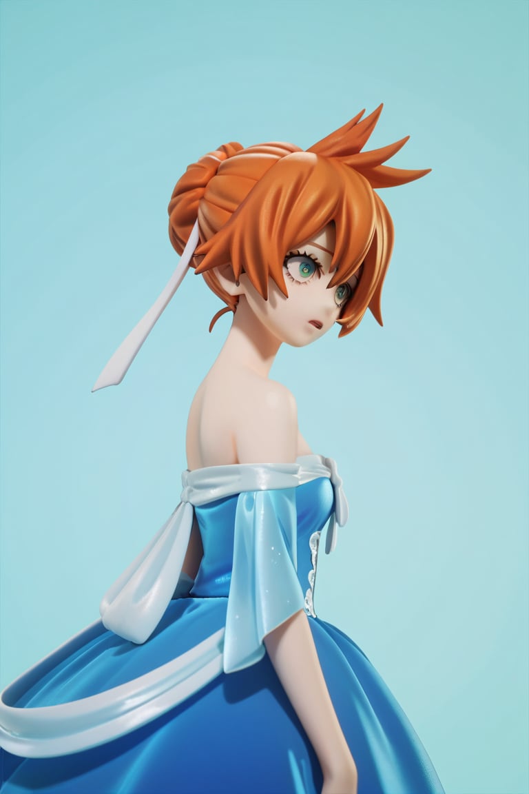 score_9, score_8_up, score_7_up, score_6_up, score_5_up, score_4_up, BREAK, , 1girl, Kendo, orange hair, green eyes, pageant dress, blue dress, strapless, standing, 