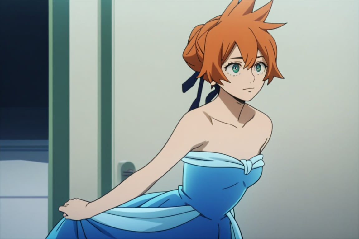 score_9, score_8_up, score_7_up, score_6_up, score_5_up, score_4_up, BREAK, , 1girl, Kendo, orange hair, green eyes, pageant dress, blue dress, strapless, standing, 