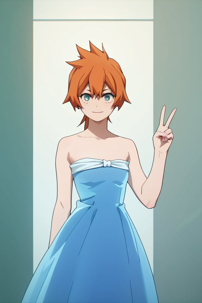 score_9, score_8_up, score_7_up, score_6_up, score_5_up, score_4_up, BREAK, , 1girl, Kendo, orange hair, green eyes, pageant dress, blue dress, strapless, standing, peace sign