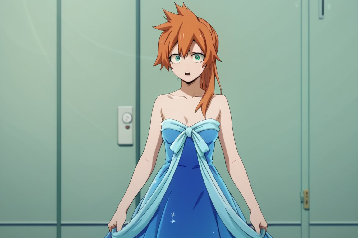 score_9, score_8_up, score_7_up, score_6_up, score_5_up, score_4_up, BREAK, , 1girl, Kendo, orange hair, green eyes, pageant dress, blue dress, strapless, standing, 