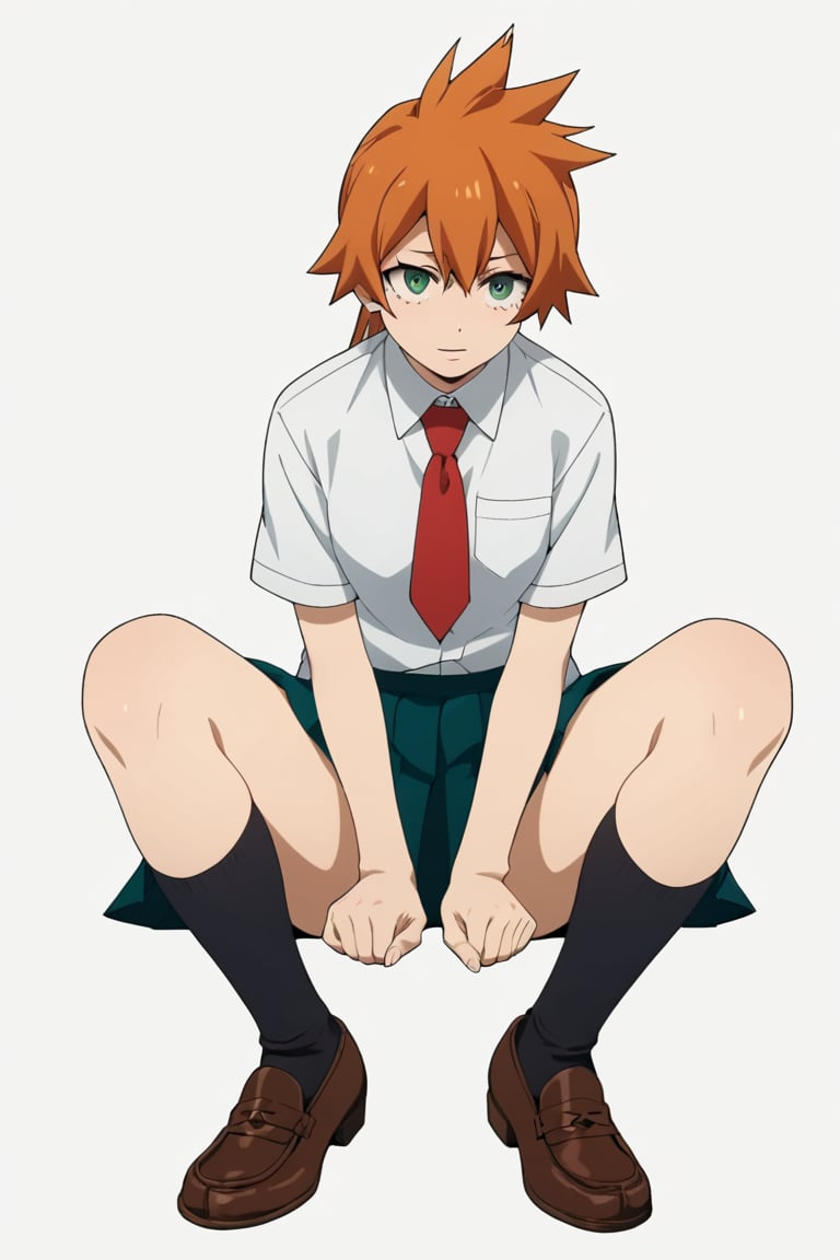 score_9, score_8_up, score_7_up, score_6_up, score_5_up, score_4_up, BREAK, , 1girl, Kendo, orange hair, green eyes, u.a. school uniform, white shirt, red necktie, kneehighs, brown footwear, sitting, legs spread,

,(( white background, blank background))