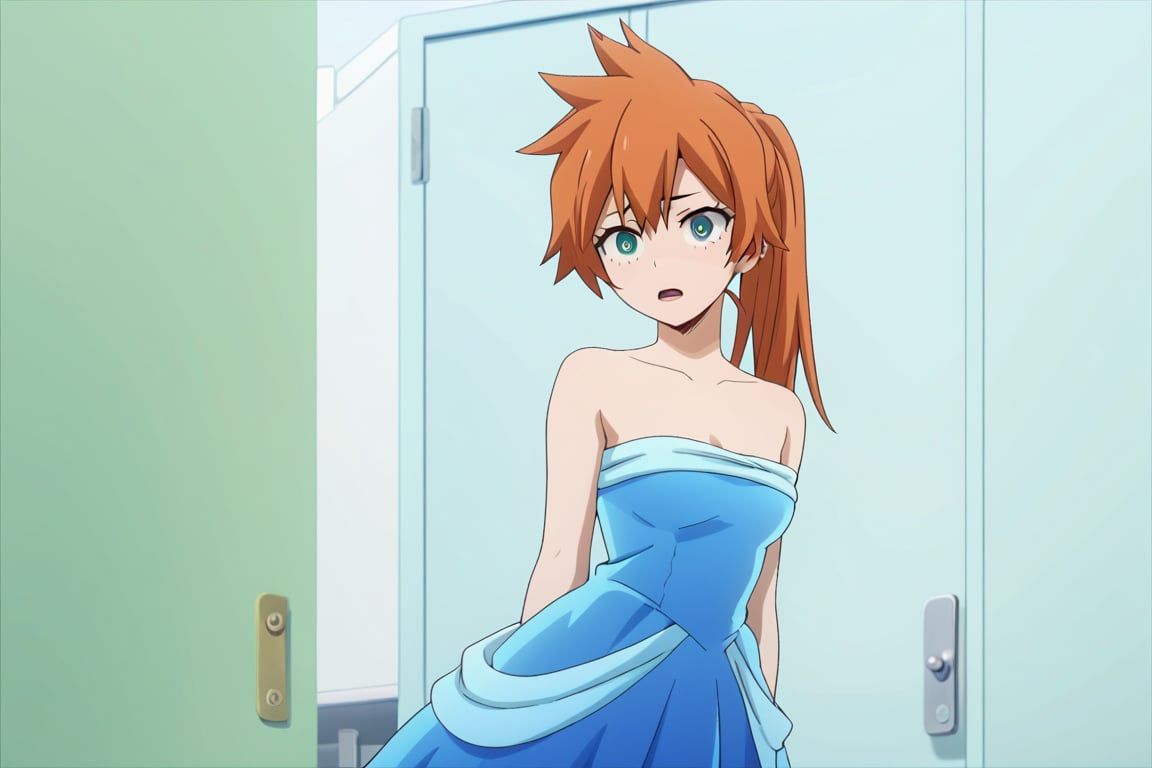 score_9, score_8_up, score_7_up, score_6_up, score_5_up, score_4_up, BREAK, , 1girl, Kendo, orange hair, green eyes, pageant dress, blue dress, strapless, standing, 