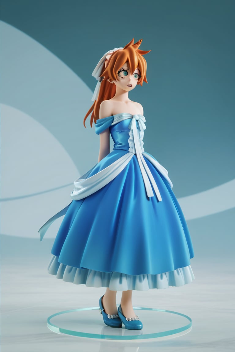 score_9, score_8_up, score_7_up, score_6_up, score_5_up, score_4_up, BREAK, , 1girl, Kendo, orange hair, green eyes, pageant dress, blue dress, strapless, standing, 