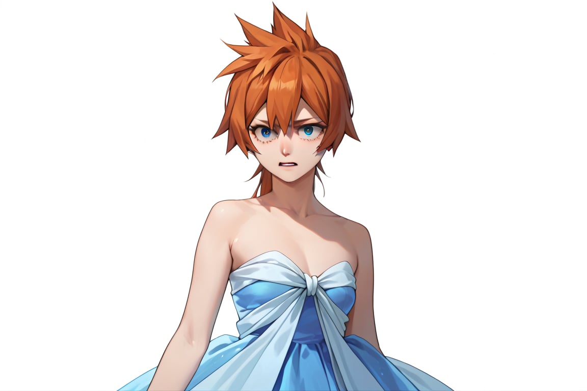 score_9, score_8_up, score_7_up, score_6_up, score_5_up, score_4_up, BREAK, , 1girl, Kendo, orange hair, green eyes, pageant dress, blue dress, strapless, 

,(( white background, blank background))