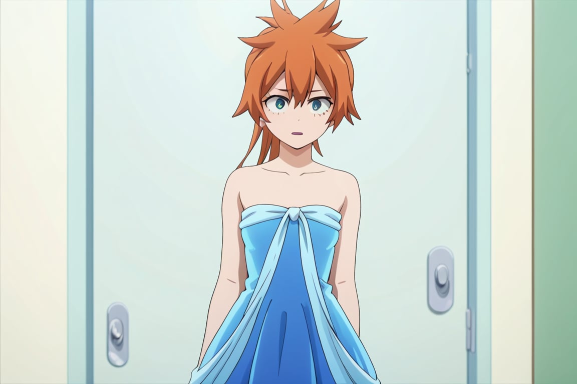 score_9, score_8_up, score_7_up, score_6_up, score_5_up, score_4_up, BREAK, , 1girl, Kendo, orange hair, green eyes, pageant dress, blue dress, strapless, standing, 