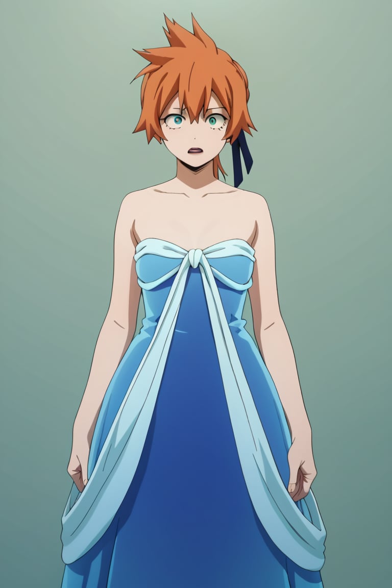 score_9, score_8_up, score_7_up, score_6_up, score_5_up, score_4_up, BREAK, , 1girl, Kendo, orange hair, green eyes, pageant dress, blue dress, strapless, standing, 