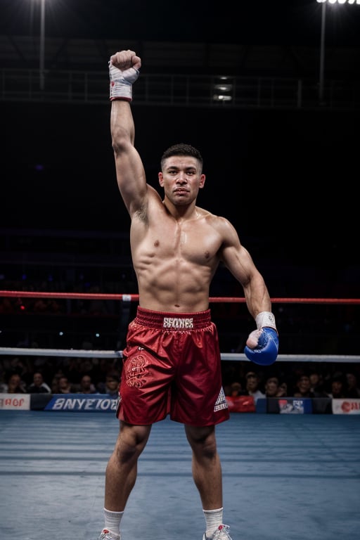 A panoramic shot of the boxing ring, photorealistic, masterpiece, captures the triumphant moment of a Filipino man standing confidently in the boxing ring at the 2024 Olympic Games in Paris. Framed by a burst of confetti and balloons, he proudly displays his powerful physique with flexed arms and clenched fists. A crowd of enthusiastic fans surrounds him, their faces aglow with excitement. His athletic wear features bold text reading 'Paris 2024' on the chest, as he stands victorious in the spotlight.