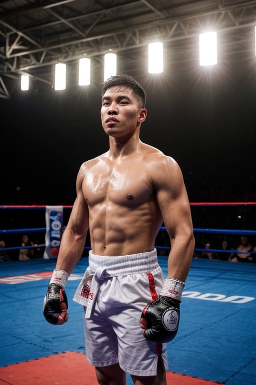 A majestic panoramic shot captures the triumphant moment: a Filipino man stands confidently in the boxing ring's spotlight, wearing a karate sports uniform at the 2024 Olympic Games in Paris. Confetti and balloons swirl around him as he flexes his arms and clenches his fists, bathed in golden light. Enthusiastic fans, faces aglow with excitement, surround him, their outstretched hands grasping for a glimpse of his glory.