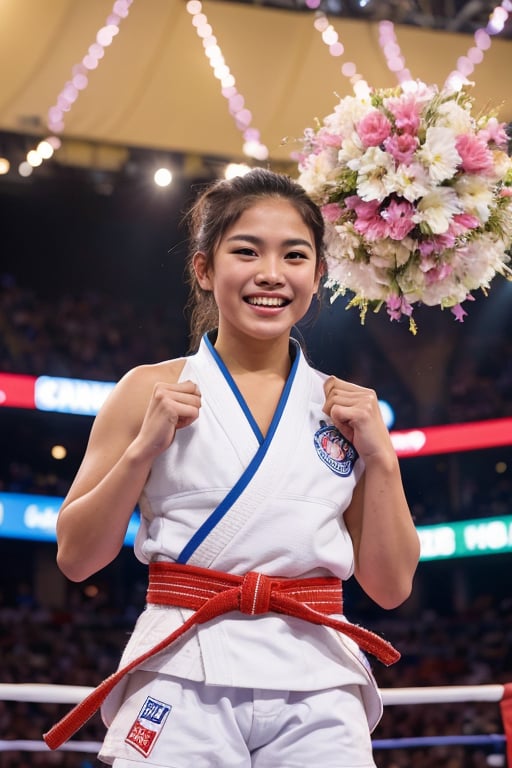 A champion Filipina judoka stands triumphantly in the center of the judo ring, her uniform gleaming under the bright lights. She wears a confident smile as enthusiastic fans, their faces aglow with excitement, surround her. Outstretched hands grasp for a glimpse of her glory amidst a sea of colorful decorations and fluttering paper fragments, suspended from the rafters like confetti in celebration of her victory.,More Detail