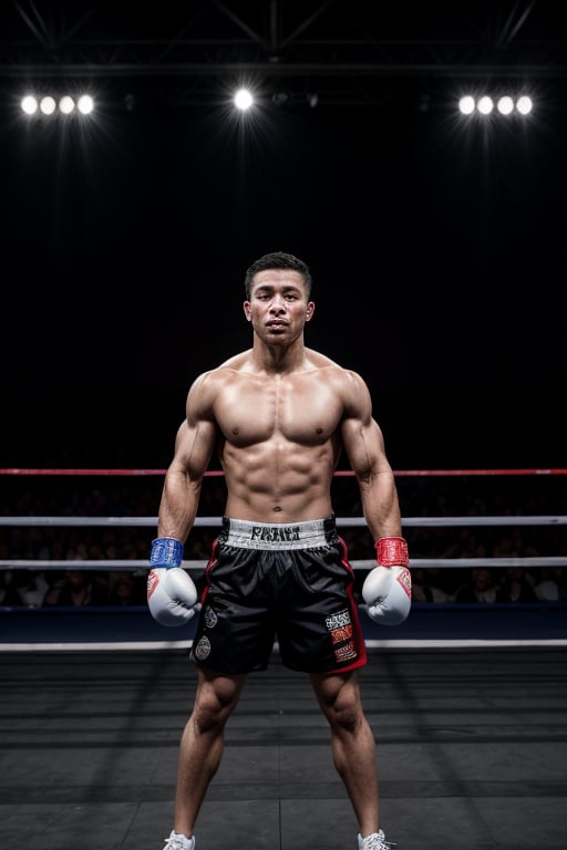 A panoramic shot of the boxing ring, photorealistic, masterpiece, captures the triumphant moment of a Filipino man standing confidently in the boxing ring at the 2024 Olympic Games in Paris. Framed by a burst of confetti and balloons, he proudly displays his powerful physique with flexed arms and clenched fists. A crowd of enthusiastic fans surrounds him, their faces aglow with excitement. His athletic wear features bold text reading 'Paris 2024' on the chest, as he stands victorious in the spotlight.