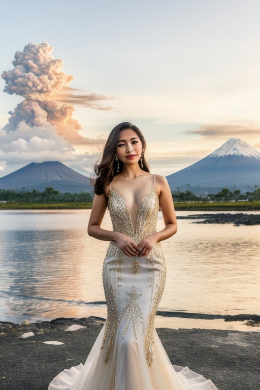 An Asian beautiful girl wearing a beautiful intricate gown, sexy pose, perfect beauty, Mayon Volcano in Philippines in the background,Detailedface