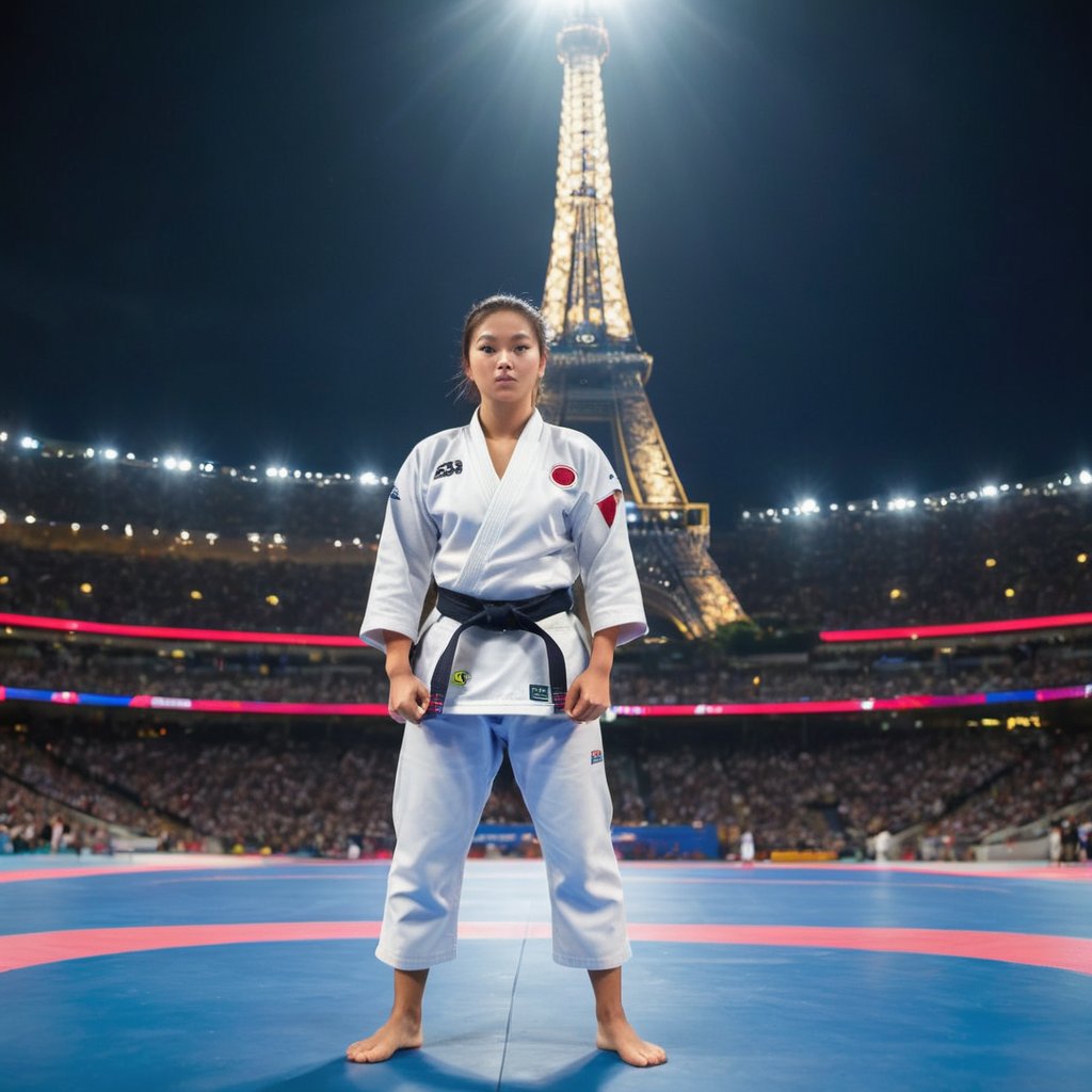 A Filipina judoka athlete stands confidently in the center of the judo ring, her uniform shining under the bright lights of the stadium. Her opponent's uniform glows equally vibrant as they engage in a tense mid-game standoff. In the distance, the iconic Eiffel Tower rises majestically against the night sky, its iron latticework glistening with a subtle sheen. The athlete's focused expression and dynamic pose capture the intensity of the match, while the majestic backdrop adds a sense of grandeur to the scene.