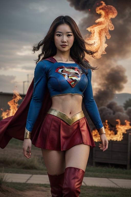 Cute 20-year-old Asian girl wearing a supergirl outfit with a blue top, blue knickers, red long skirt, red boots, red cloak and long blonde hair blowing in the wind Realistic, Faces showing, Realistic, Loving, Looking towards the camera, Smal breast, Facing towards the camera. Supergirl hovering  just above the ground with flames are all around, wearing supergirl_cosplay_outfit