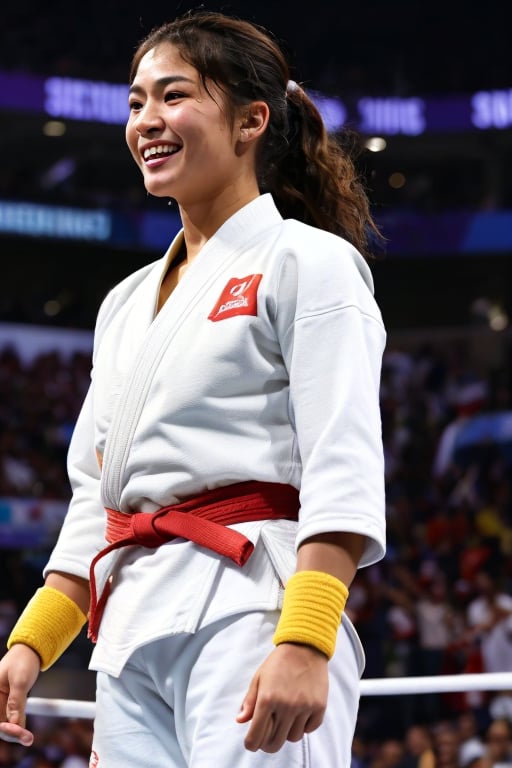 A champion Filipina judoka stands triumphantly in the center of the judo ring, her uniform gleaming under the bright lights. She wears a confident smile as enthusiastic fans, their faces aglow with excitement, surround her. Outstretched hands grasp for a glimpse of her glory amidst a sea of colorful decorations and fluttering paper fragments, suspended from the rafters like confetti in celebration of her victory.,More Detail