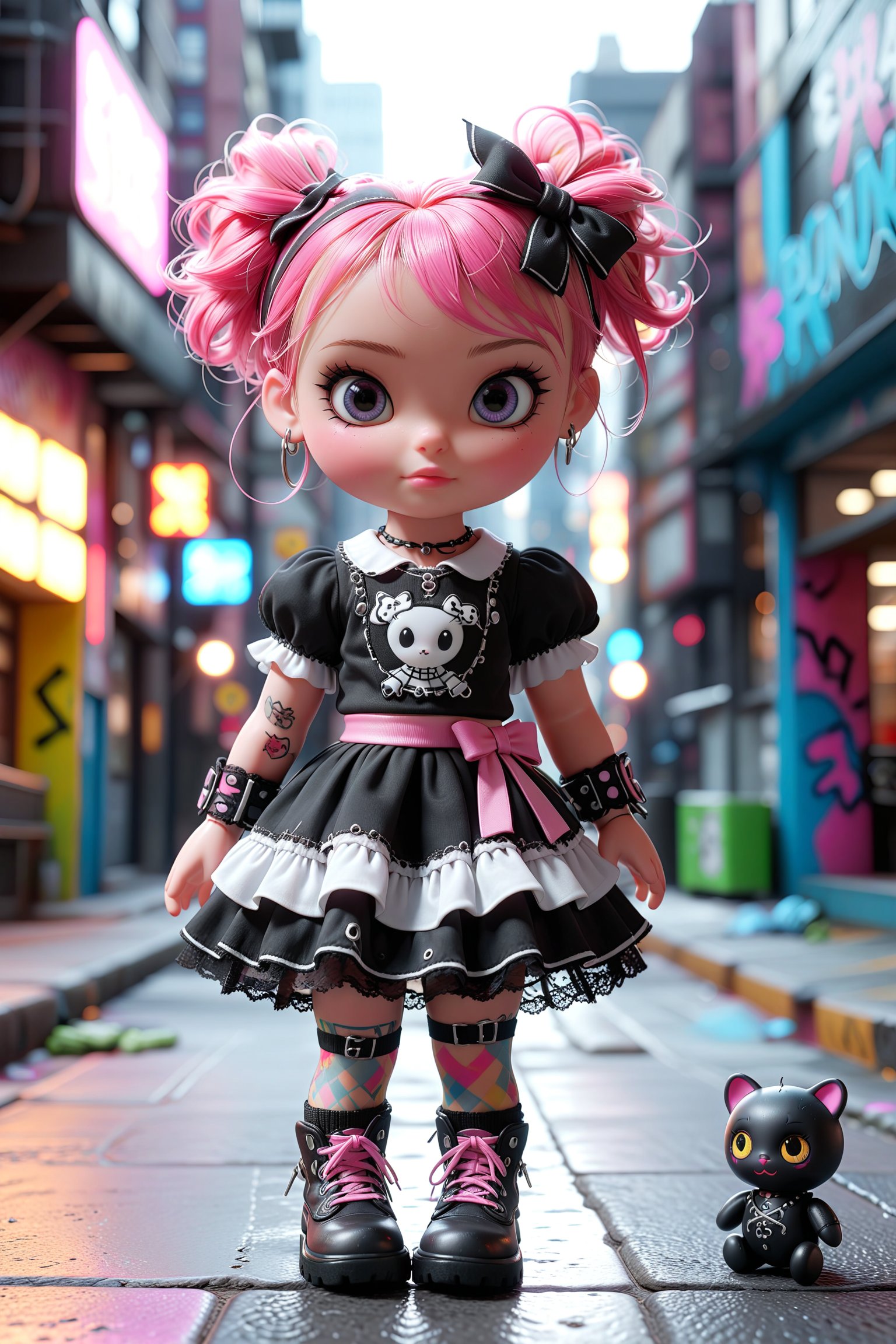 (masterpiece, 3d, doll model, toy, tiny cute, digital art, dynamic light & pose, ethereal quality, More Reasonable Details, vibrant lighting, colorful, light particles), A girl in Punk Lolita fashion, combining Lolita elements with punk aesthetics. She wears a plaid dress with lace details, fishnet stockings, and chunky boots. She poses confidently in a gritty urban setting, with graffiti-covered walls and a cityscape in the background