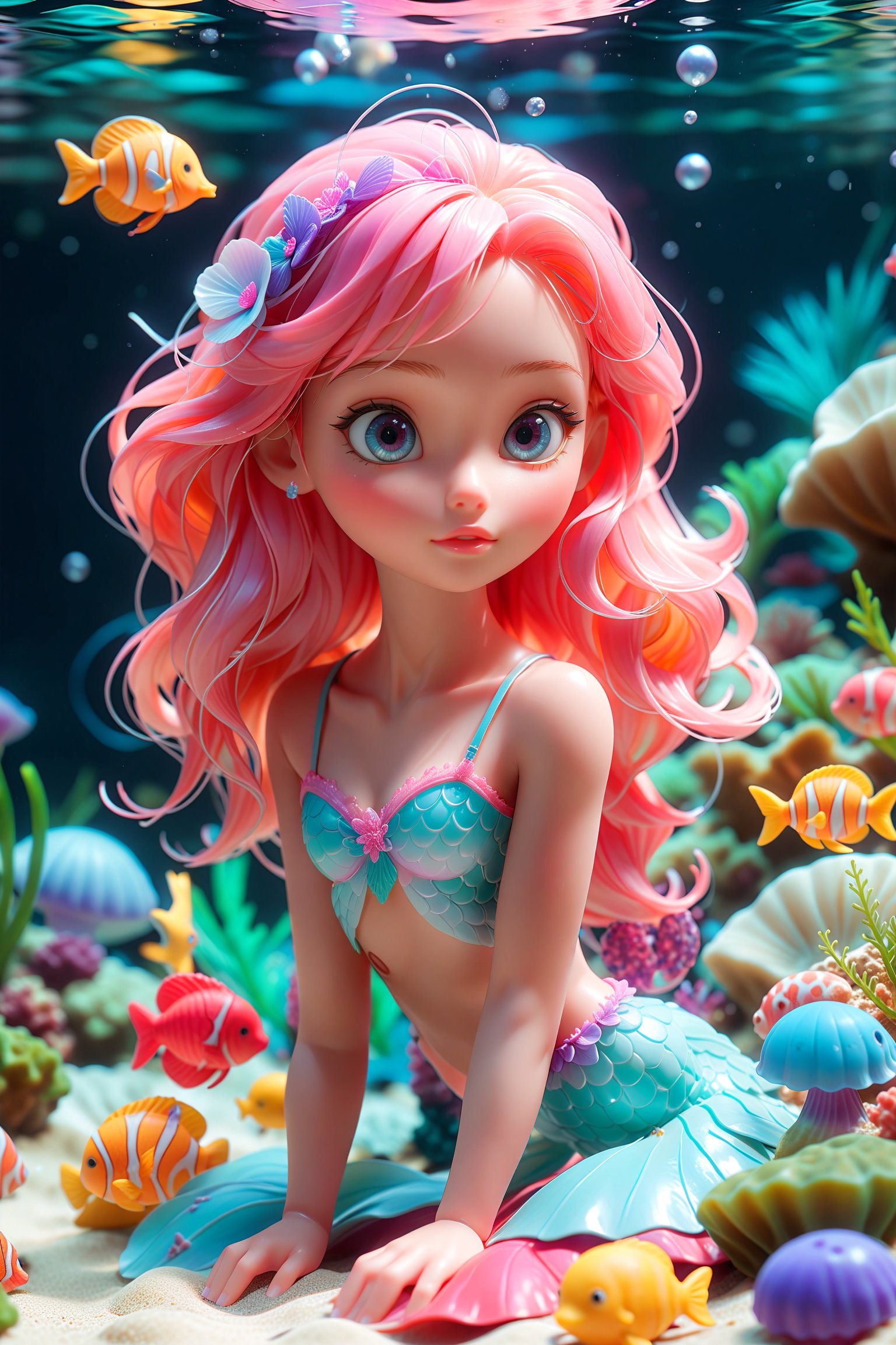 (masterpiece, 3d, doll model, toy, tiny cute, digital art, dynamic light & pose, ethereal quality, extremely detailed, vibrant lighting, colorful, light particles), jellyfishes underwater world, sea jellies, underwater world, a beautiful young model with pink hair, mermaid tail, she between colorful magic jellyfishes