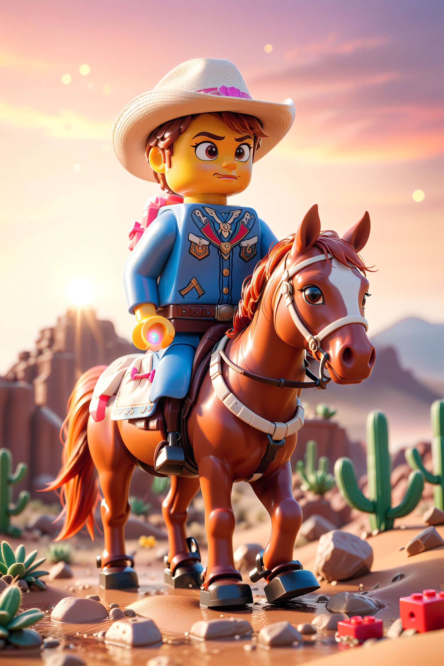 (masterpiece, 3d, lego, toy, tiny cute, digital art, dynamic light & pose, ethereal quality, extremely detailed, vibrant lighting, colorful, light particles), A classic cowboy, wearing a hat and leather boots, rides his horse into the sunset across a vast desert landscape, with cacti and a beautiful, colorful sky in the background