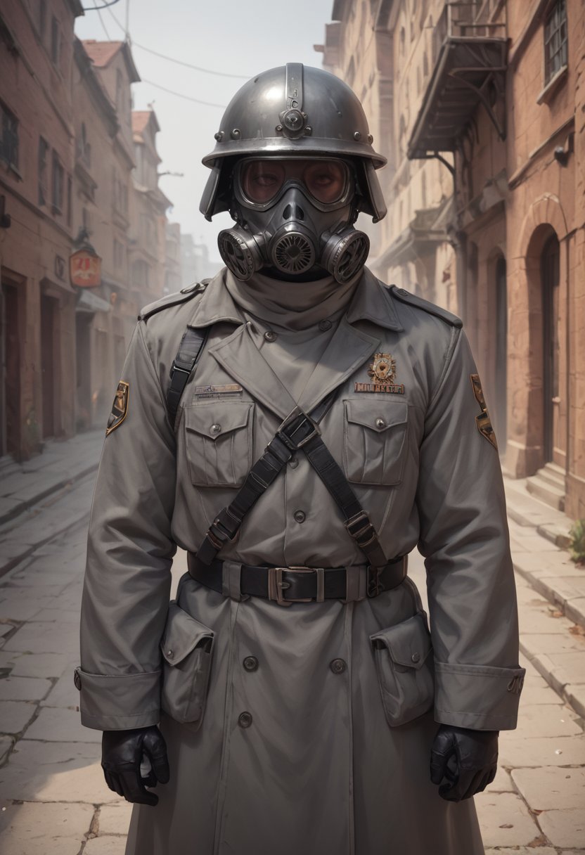 score_9, score_8_up, score_8_up, Captain, Sci fi Gas mask, grimdark, grey soldier helmet, metal breastplate, grey uniform, black uniform, Trenchcoat, trenchcoat, sci fi revolver