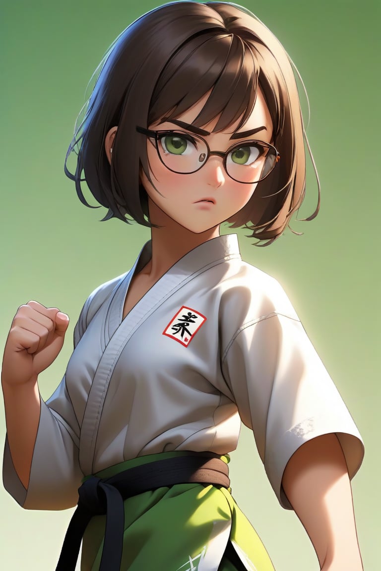 masterpiece, best quality, 1girl, frowning, wear glasses, Solo, brunette bob cut, freckle, full body shot, complex background, edges, looking away, short hair, parted lips, green eyes, open karate gi, open shirt, open gi, bare midriff, visible navel, sweat, karate kick, forward kick motion, wide angle lens,