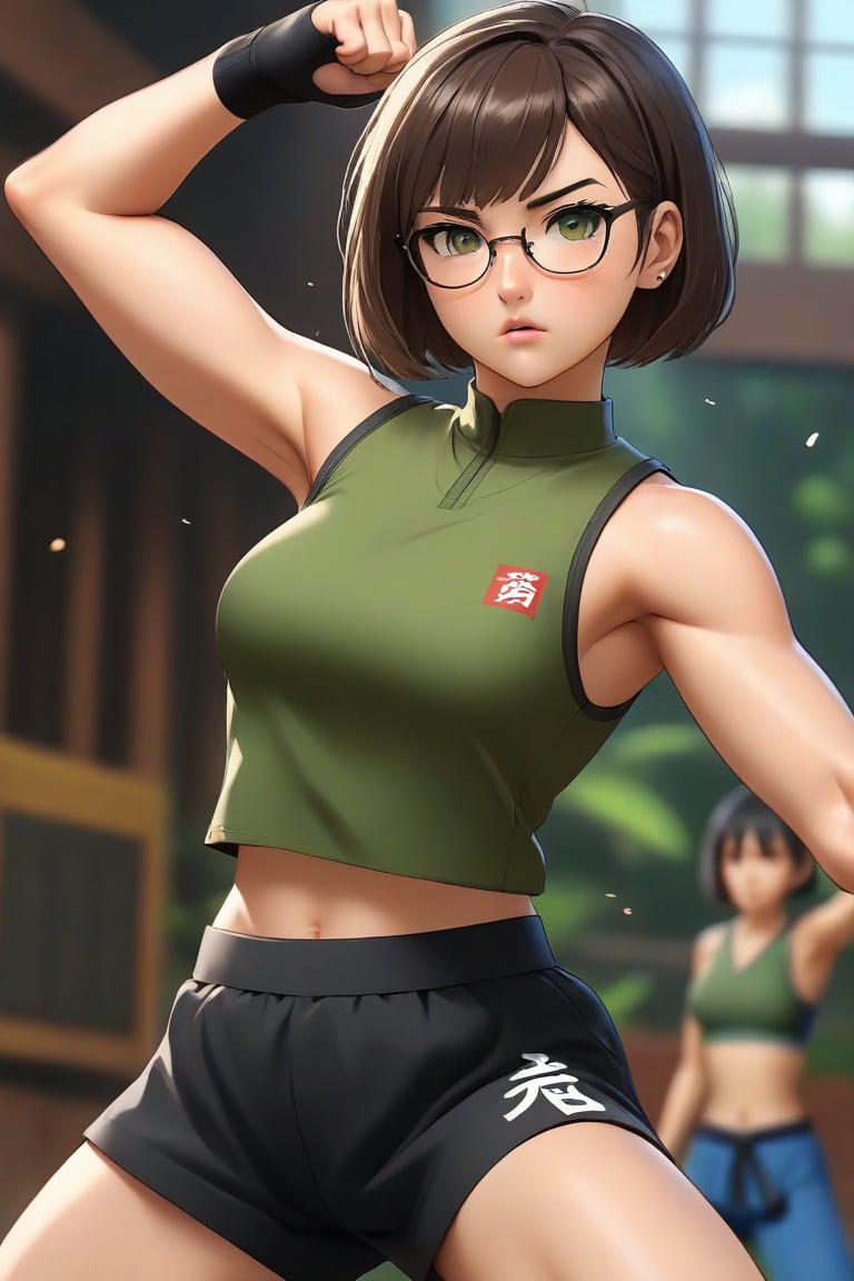 masterpiece, best quality, 1girl, frowning, wear glasses, Solo, brunette bob cut, freckle, full body shot, bare midriff, bellybutton, small breasts, petite, pettanko, sweating, complex background, looking away, short hair, parted lips, green eyes, high neck sleeveless crop top, short karate pants, fighting pose, battle stance, gi, kicking motion, wide angle lens,