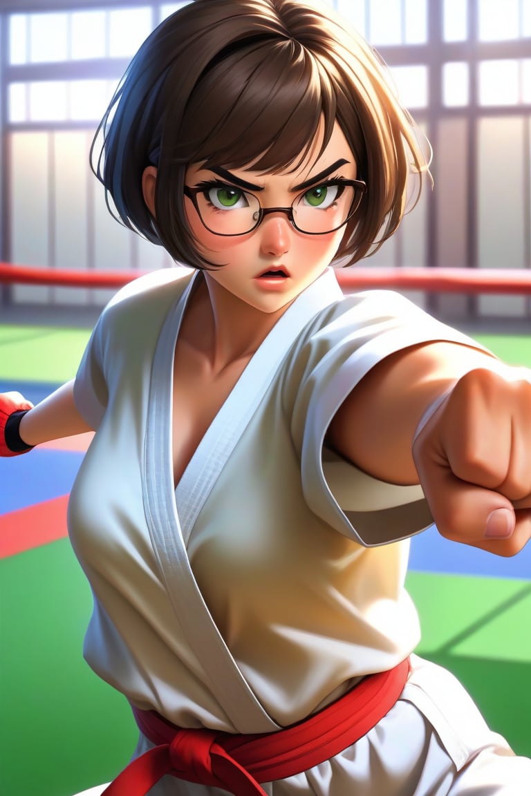 masterpiece, best quality, sportrait, 1girl, frowning, wear glasses, Solo, brunette bob cut, freckle, full body, complex background, edges, looking away, short hair, parted lips, green eyes, make-up, karate uniform, open shirt, bare midriff, sweat, karate kick, raising leg in a forward kick motion, wide angle lens,