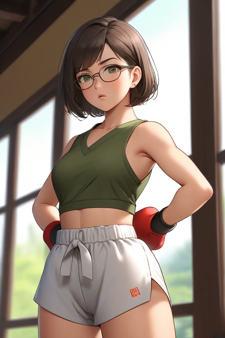 masterpiece, best quality, 1girl, frowning, wear glasses, Solo, brunette bob cut, freckle, full body shot, bare midriff, visible navel, small breasts, petite, pettanko, boob_window, complex background, looking away, short hair, parted lips, green eyes, high neck sleeveless crop top, karate pants, fighting pose, battle_stance, gi, innerboob, sweat, kicking motion, wide angle lens,