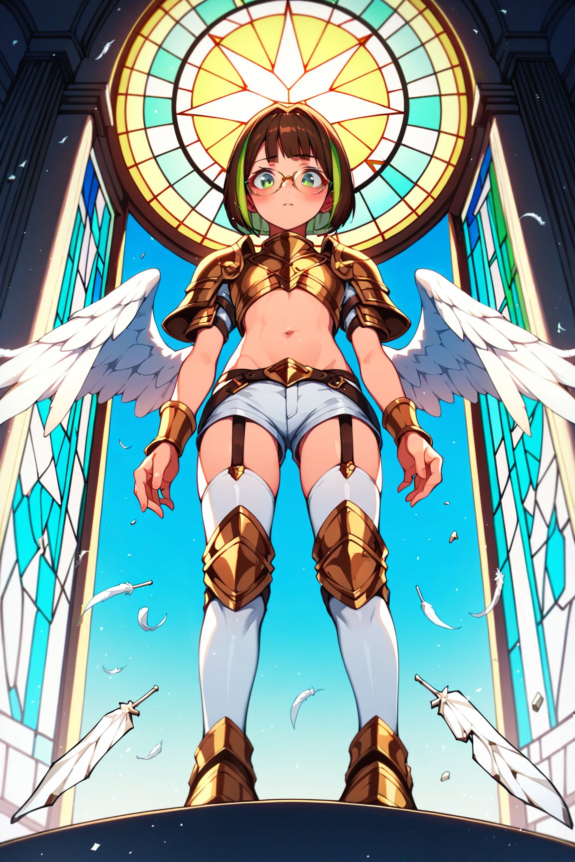 score_9,score_8_up,score_7_up, 1girl, short hair, looking at viewer, blush, bob cut, green eyes, brown hair with green highlights, wear glasses, full body shot, wearing only a gold armor and white shorts with white thigh highs, bare midriff, navel, groin, hipbones, angel wings, flapping wings, blessed, from below, light from above, angelical, descending from heaven, raising one hand, colorful broken stained glass windows background, beams of light passing through, broken glass shards, feathers, armor straps,