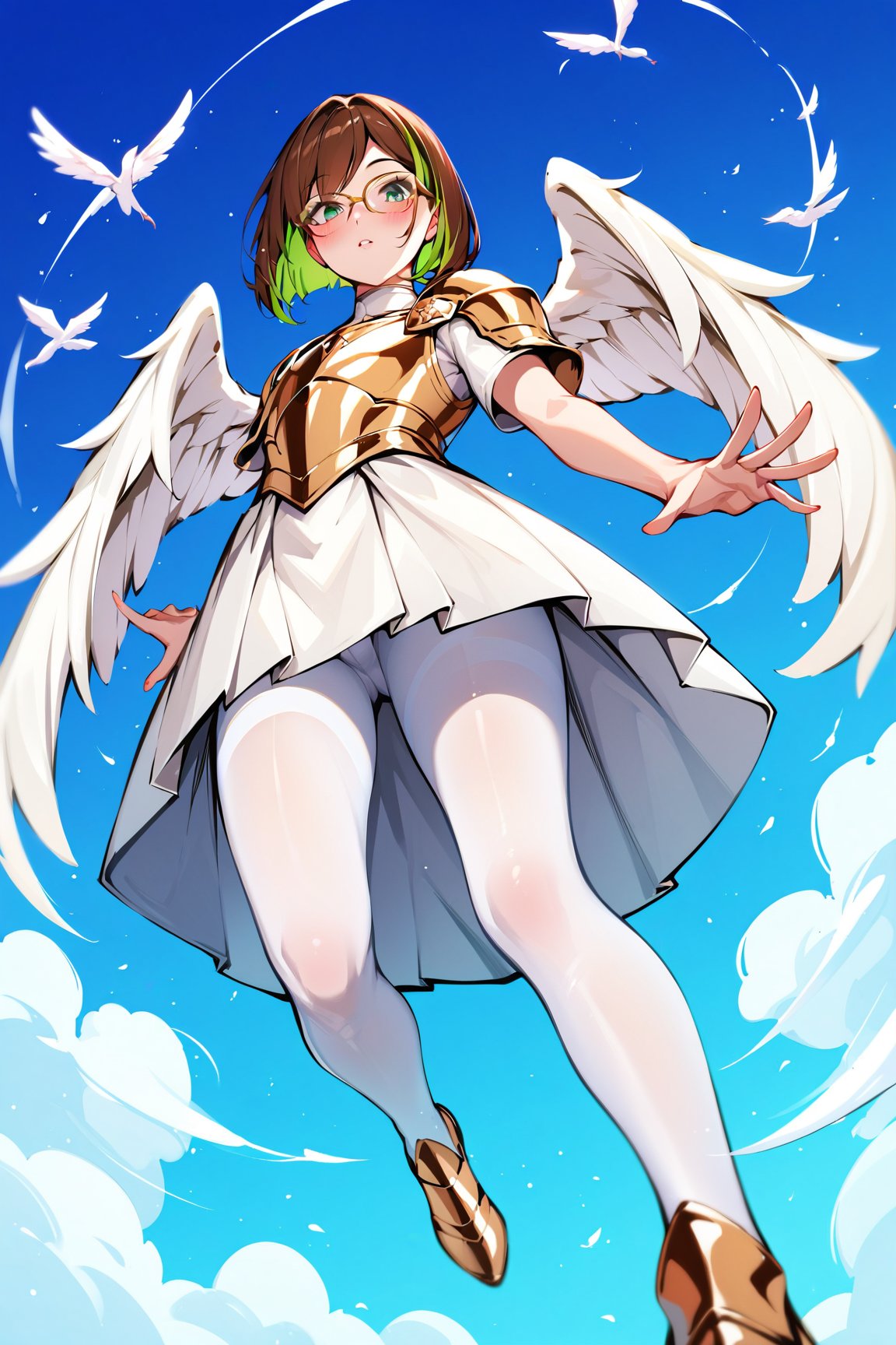 score_9,score_8_up,score_7_up, 1girl, short hair, looking at viewer, blush, bob cut, green eyes, brown hair with green highlights, wear glasses, full body shot, gold and white armor, angel wings, flapping wings, blessed, from below, light from above, angelical, descending from heaven, raising one hand, white pantyhose, short tight skirt,