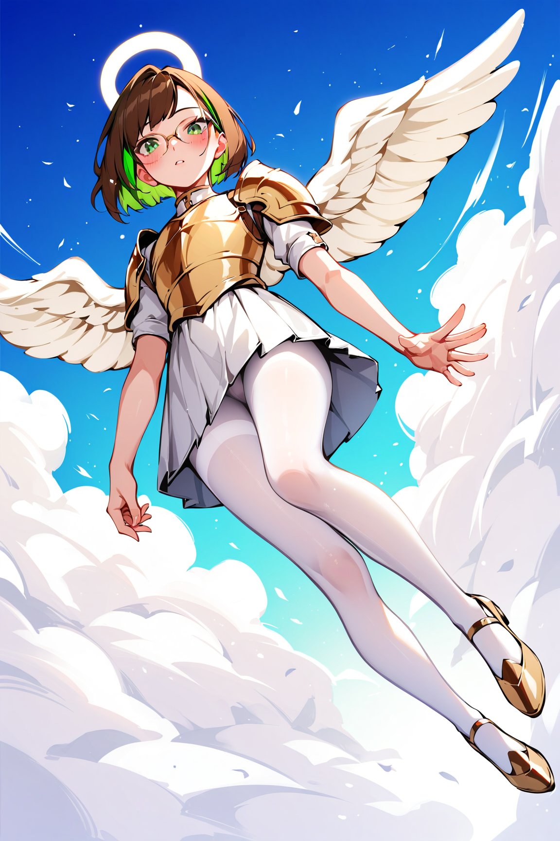 score_9,score_8_up,score_7_up, 1girl, short hair, looking at viewer, blush, bob cut, green eyes, brown hair with green highlights, wear glasses, full body shot, gold and white armor, angel wings, flapping wings, blessed, from below, light from above, angelical, descending from heaven, raising one hand, white pantyhose, short tight skirt, undressed,