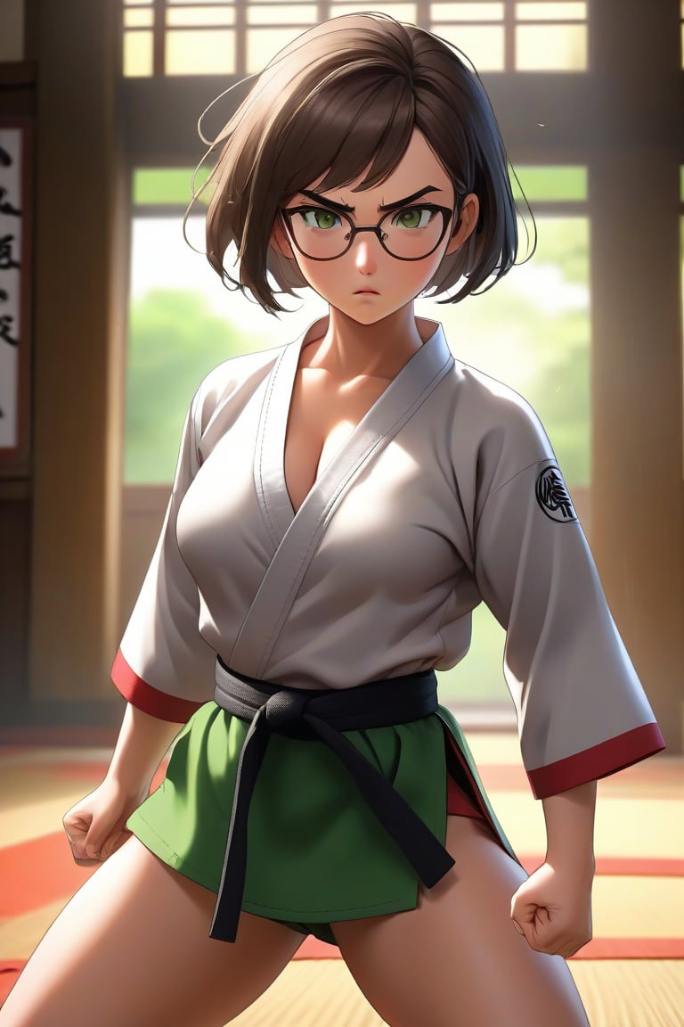 masterpiece, best quality, 1girl, frowning, wear glasses, Solo, brunette bob cut, freckle, full body shot, bare midriff, visible navel, cleavage, complex background, edges, looking away, short hair, parted lips, green eyes, open karate gi, open shirt, open gi, sweat, kicking motion, wide angle lens,