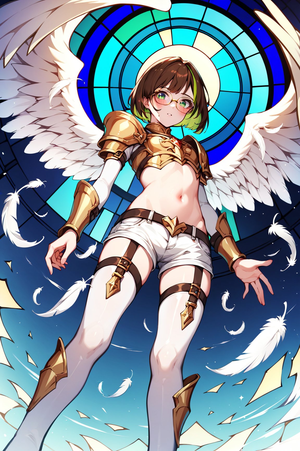 score_9,score_8_up,score_7_up, 1girl, short hair, looking at viewer, blush, bob cut, green eyes, brown hair with green highlights, wear glasses, full body shot, wearing only a gold armor and white shorts with white thigh highs, bare midriff, navel, angel wings, flapping wings, blessed, from below, light from above, angelical, descending from heaven, raising one hand, colorful broken stained glass windows background, beams of light passing through, broken glass shards, feathers, armor straps,