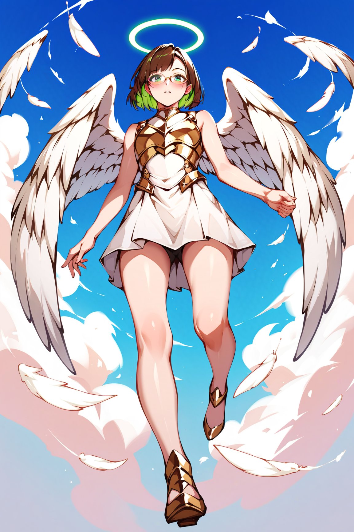 score_9,score_8_up,score_7_up, 1girl, short hair, looking at viewer, blush, bob cut, green eyes, brown hair with green highlights, wear glasses, full body shot, gold and white armor with engraving and intricate details, angel wings, vitreaux, blessed, from below, light from above, angelical, descending from heaven, raising one hand, short dress, 