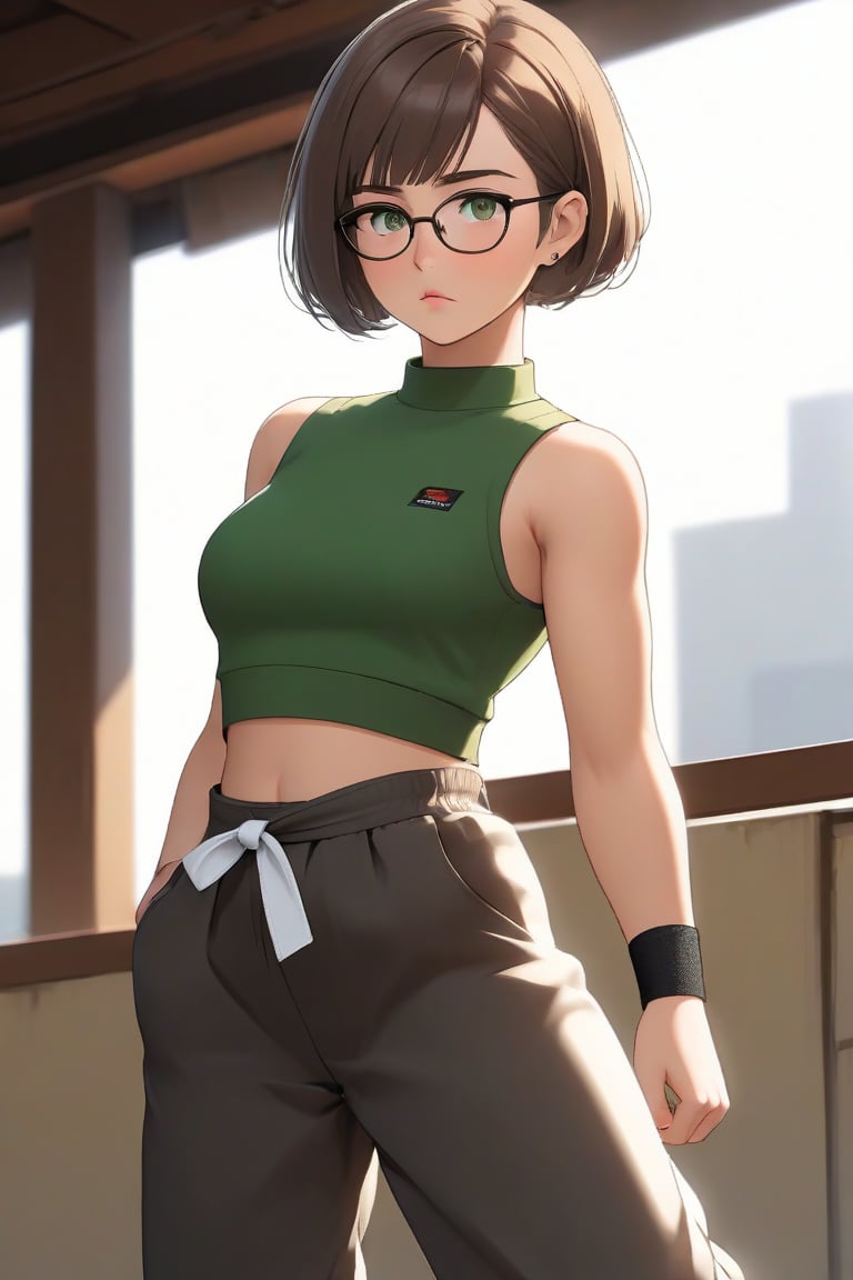 masterpiece, best quality, 1girl, frowning, wear glasses, Solo, brunette bob cut, freckle, full body shot, bare midriff, visible navel, small breasts, petite, pettanko, boob_window, sweating, complex background, looking away, short hair, parted lips, green eyes, high neck sleeveless crop top, karate pants, fighting pose, battle stance, gi, kicking motion, wide angle lens,