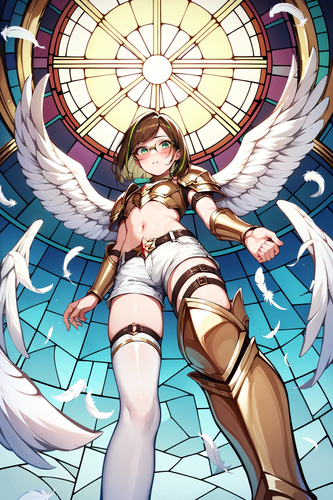 score_9,score_8_up,score_7_up, 1girl, short hair, looking at viewer, blush, bob cut, green eyes, brown hair with green highlights, wear glasses, full body shot, wearing only a gold armor and white shorts with white thigh highs, bare midriff, navel, angel wings, flapping wings, blessed, from below, light from above, angelical, descending from heaven, raising one hand, colorful broken stained glass windows background, beams of light passing through, broken glass shards, feathers, armor straps,