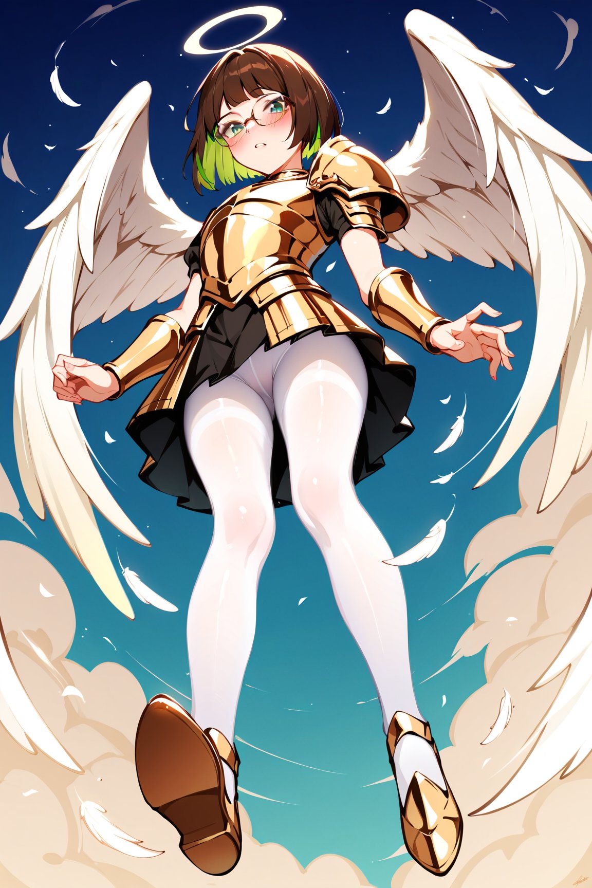 score_9,score_8_up,score_7_up, 1girl, short hair, looking at viewer, blush, bob cut, green eyes, brown hair with green highlights, wear glasses, full body shot, gold and white armor, angel wings, flapping wings, blessed, from below, light from above, angelical, descending from heaven, raising one hand, white pantyhose, short tight skirt, undressed,