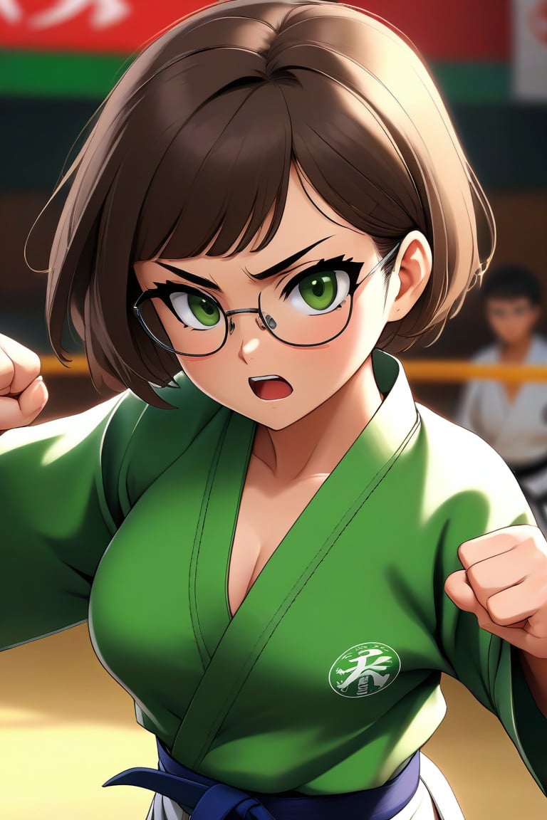 masterpiece, best quality, 1girl, frowning, wear glasses, Solo, brunette bob cut, freckle, full body shot, bare midriff, visible navel, complex background, edges, looking away, short hair, parted lips, green eyes, open karate gi, open shirt, open gi, sweat, kicking motion, wide angle lens,