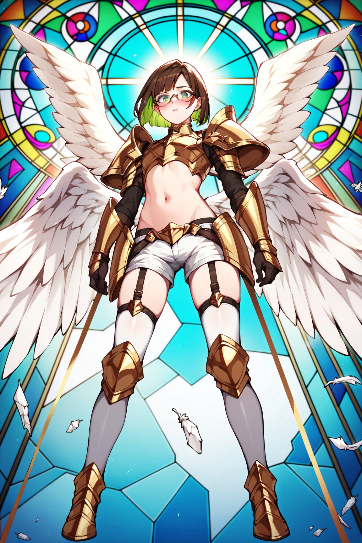 score_9,score_8_up,score_7_up, 1girl, short hair, looking at viewer, blush, bob cut, green eyes, brown hair with green highlights, wear glasses, full body shot, wearing only a gold armor and white shorts with white thigh highs, bare midriff, navel, groin, hipbones, angel wings, flapping wings, blessed, from below, light from above, angelical, descending from heaven, raising one hand, colorful broken stained glass windows background, beams of light passing through, broken glass shards, feathers, armor straps,