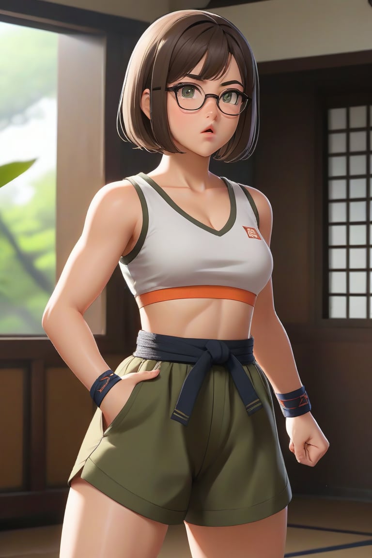 masterpiece, best quality, 1girl, frowning, wear glasses, Solo, brunette bob cut, freckle, full body shot, bare midriff, visible navel, small breasts, petite, pettanko, boob_window, complex background, looking away, short hair, parted lips, green eyes, high neck sleeveless crop top, karate pants, fighting pose, battle_stance, gi, innerboob, sweat, kicking motion, wide angle lens,