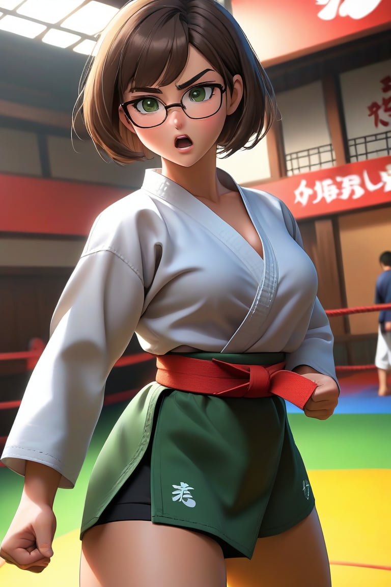 masterpiece, best quality, 1girl, frowning, wear glasses, Solo, brunette bob cut, freckle, full body shot, bare midriff, visible navel, cleavage, complex background, edges, looking away, short hair, parted lips, green eyes, open karate gi, open shirt, open gi, sweat, kicking motion, wide angle lens,