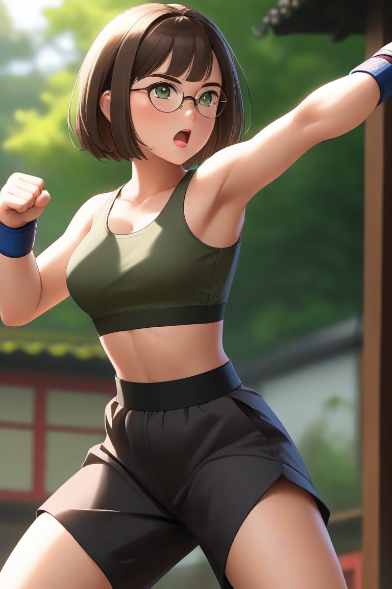 masterpiece, best quality, 1girl, frowning, wear glasses, Solo, brunette bob cut, freckle, full body shot, bare midriff, visible navel, small breasts, petite, pettanko, boob_window, complex background, looking away, short hair, parted lips, green eyes, high neck sleeveless crop top, karate pants, fighting pose, battle_stance, gi, innerboob, sweat, kicking motion, wide angle lens,