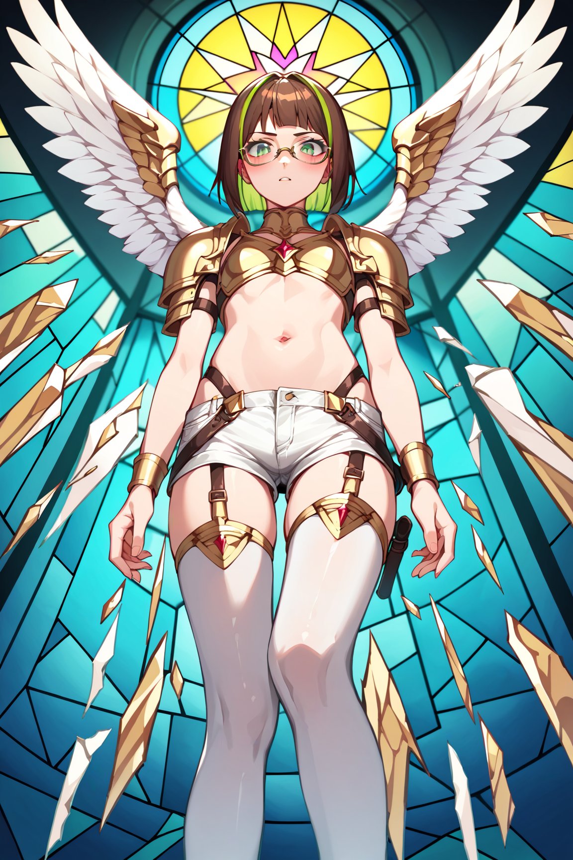 score_9,score_8_up,score_7_up, 1girl, short hair, looking at viewer, blush, bob cut, green eyes, brown hair with green highlights, wear glasses, full body shot, wearing only a gold armor and white shorts with white thigh highs, bare midriff, navel, groin, hipbones, angel wings, flapping wings, blessed, from below, light from above, angelical, descending from heaven, raising one hand, colorful broken stained glass windows background, beams of light passing through, broken glass shards, feathers, armor straps,