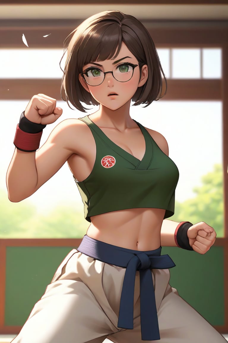 masterpiece, best quality, 1girl, frowning, wear glasses, Solo, brunette bob cut, freckle, full body shot, bare midriff, visible navel, small breasts, petite, pettanko, boob_window, complex background, looking away, short hair, parted lips, green eyes, high neck sleeveless crop top, karate pants, fighting pose, battle_stance, gi, innerboob, sweat, kicking motion, wide angle lens,