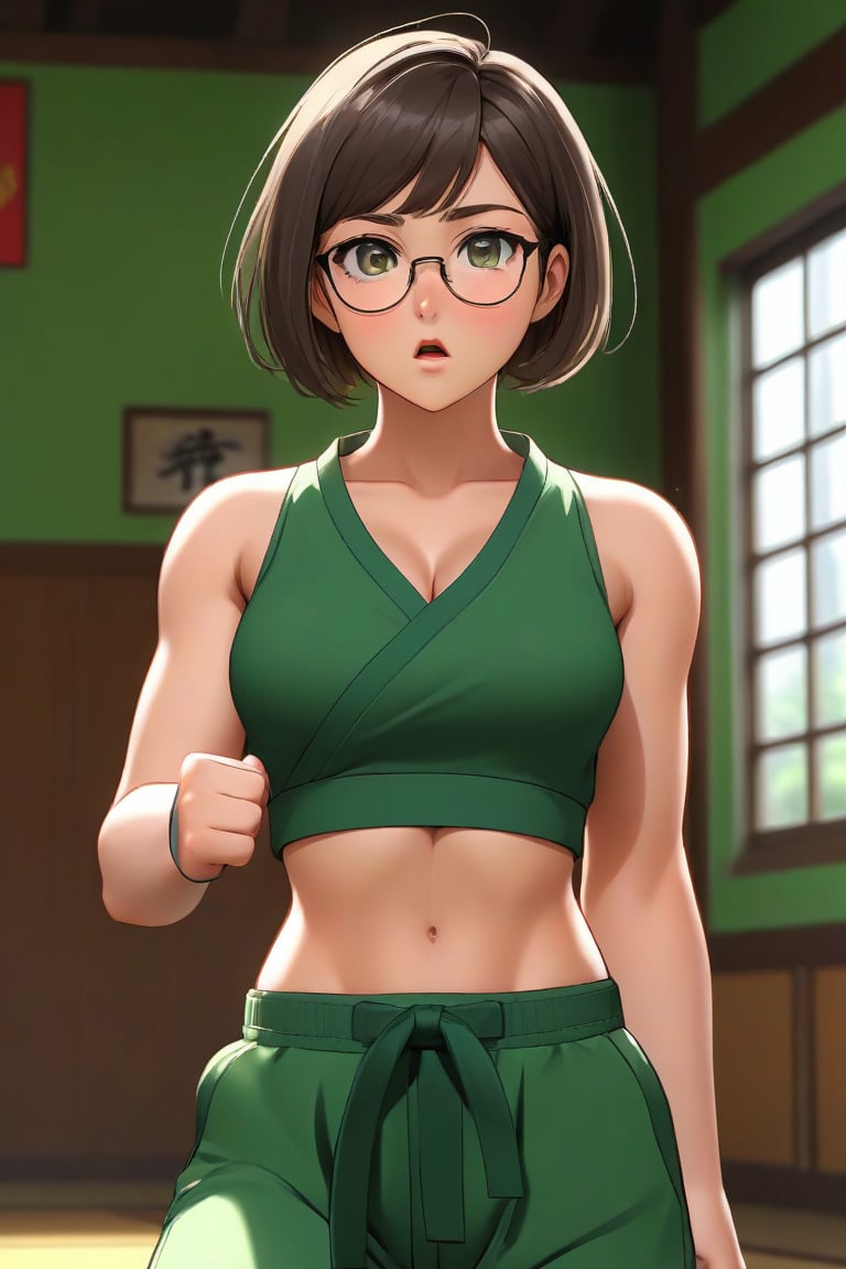 masterpiece, best quality, 1girl, frowning, wear glasses, Solo, brunette bob cut, freckle, full body shot, bare midriff, visible navel, small breasts, petite, pettanko, boob_window, complex background, looking away, short hair, parted lips, green eyes, high neck sleeveless crop top, karate pants, fighting pose, battle_stance, gi, innerboob, sweat, kicking motion, wide angle lens,